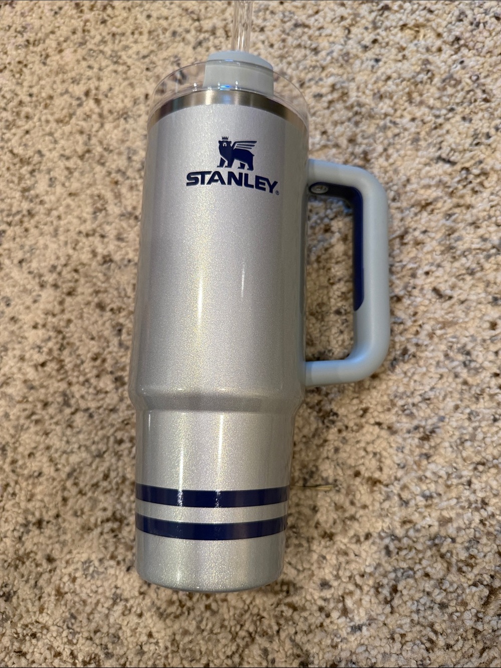 Stanley Silver and Navy Insulated Tumbler with Handle. 30oz